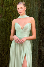 Chiffon Strapless Sweetheart Neckline Soft Pleated Bodice High-Slit Floor-Length Evening Gown in Light Mint - Detail View of Pleated Bodice and Chiffon Halter Drape