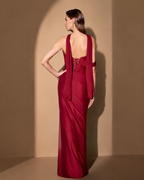 Chiffon Strapless Sweetheart Floor-Length Column Bridesmaid Dress in Cabernet - Back View Showing Lace-Up Corset Back and Long Chiffon Halter Drape