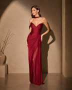 Chiffon Strapless Sweetheart Neckline Sculpted Pleated Bodice Gathered Hip Detail Floor-Length Column Bridesmaid Dress in Cabernet - Front Full View