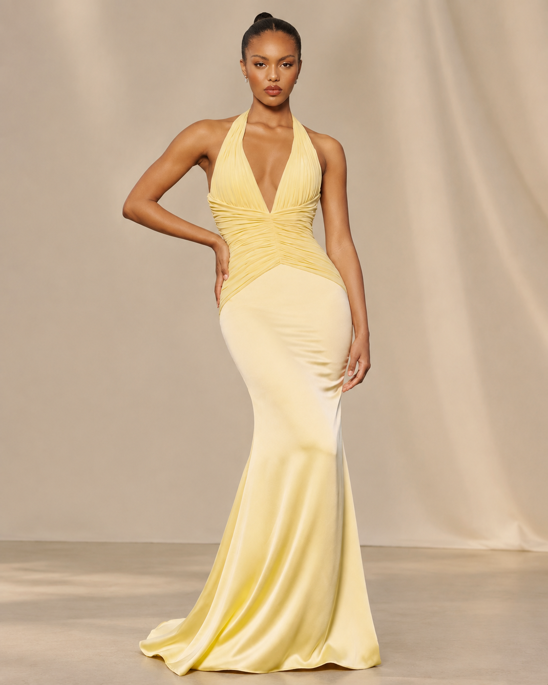 Satin Halter Pleated Chiffon Floor Length Dress in Light Yellow - Front Full View Showing Halter Neckline with Deep V Plunge, Ruched Waist, Gathered Bodice, and Fitted Mermaid Silhouette