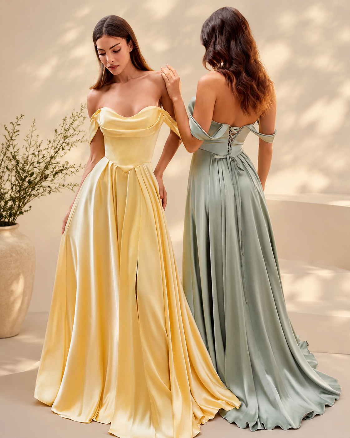 Satin Draped Pleated Neckline Drop Sleeves Full Pleated Skirt Bridesmaid Dress in Light Yellow and Sage Green - Back View Showing Lace-Up Corset Back, Draped Bodice, and Sweep Train