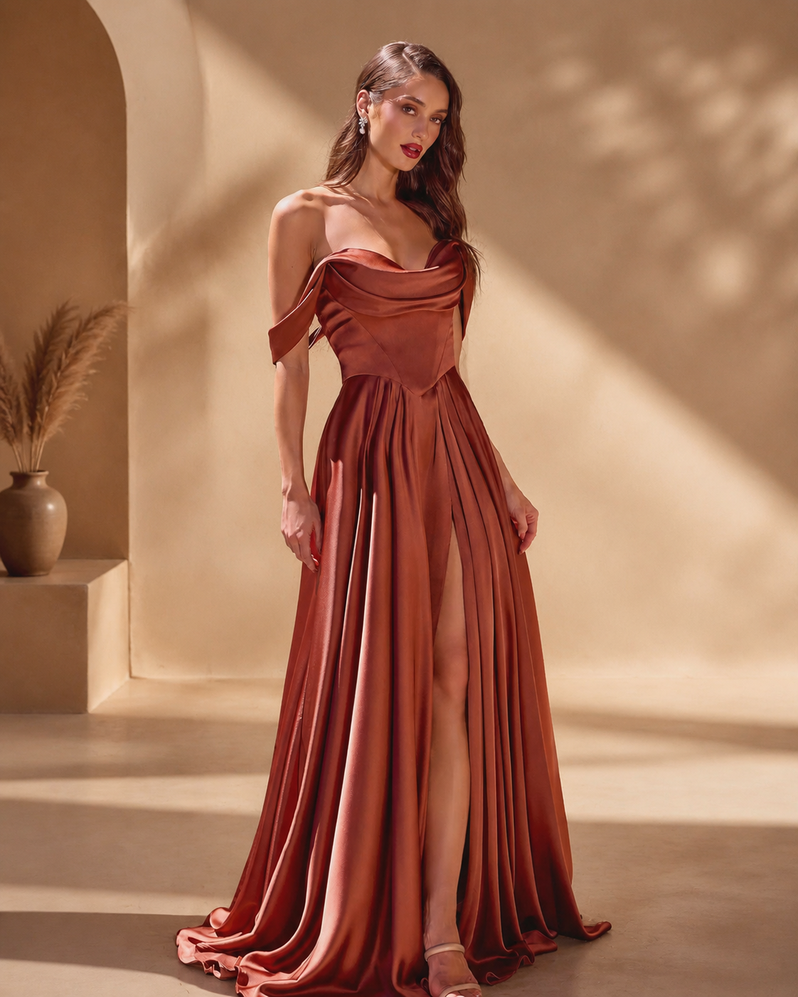 Satin Draped Pleated Neckline Drop Sleeves Full Pleated Skirt Bridesmaid Dress in Cabernet - Front Full View Showing Draped Neckline, Off-Shoulder Drop Sleeves, Structured Bodice, and Front Leg Slit