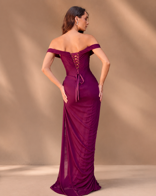 Chiffon Off-Shoulder Draped Ruched Bodice Evening Gown in Burgundy - Back View Showing Lace-Up Corset Back with Criss-Cross Satin Ribbon and Sweep Train