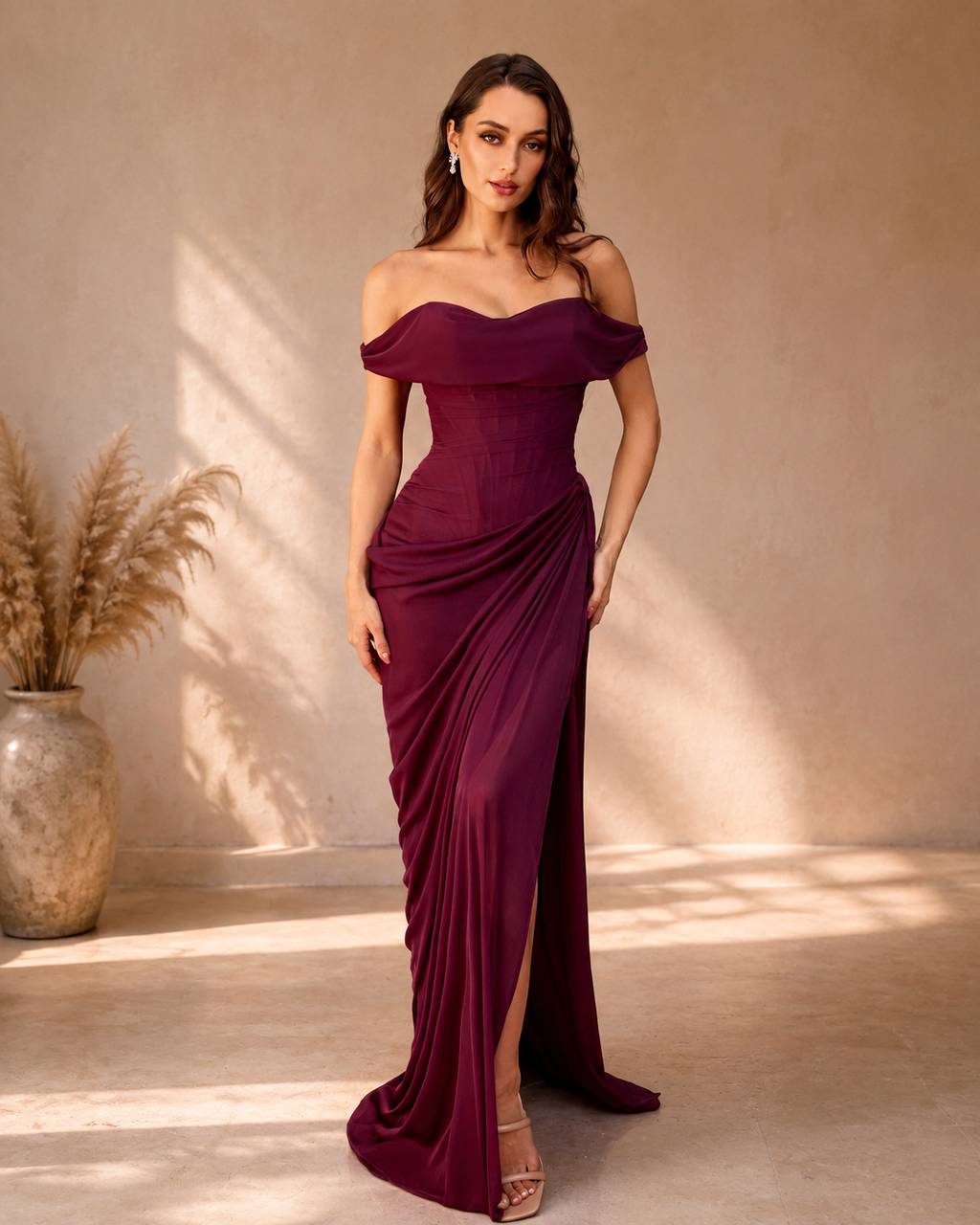 Chiffon Off-Shoulder Draped Neckline Sculpted Ruched Bodice Gathered Hip Detail Floor Length Evening Gown in Burgundy - Front Full View Showing Fold-Over Neckline, Draped Ruched Bodice, and Sultry Slit