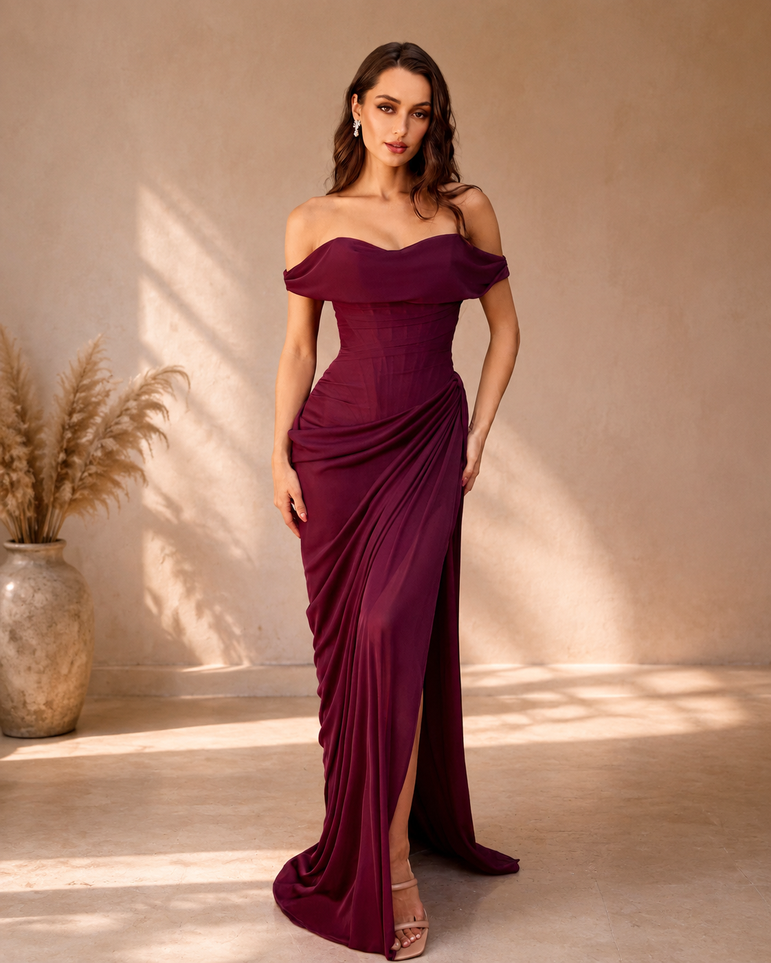 Chiffon Off-Shoulder Draped Neckline Sculpted Ruched Bodice Gathered Hip Detail Floor Length Evening Gown in Burgundy - Front Full View Showing Fold-Over Neckline, Draped Ruched Bodice, and Sultry Slit