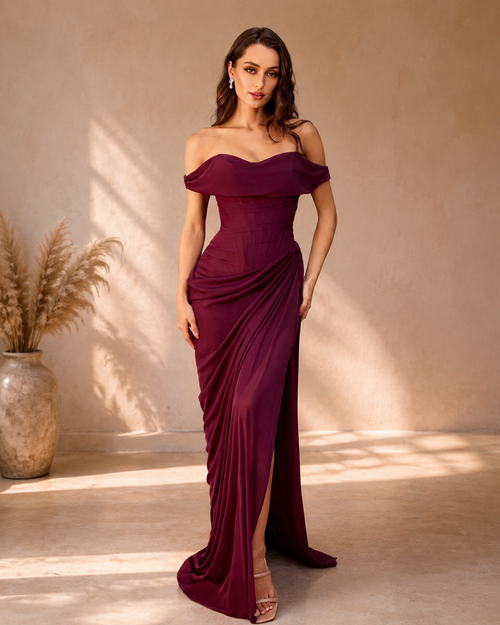 Chiffon Off-Shoulder Draped Neckline Sculpted Ruched Bodice Gathered Hip Detail Floor Length Evening Gown in Burgundy - Front Full View Showing Fold-Over Neckline, Draped Ruched Bodice, and Sultry Slit