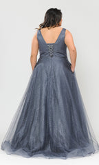 Plus-Size Glitter-Tulle Evening Gown in Stormy - Back View Showing Scoop Back with Corset Lace-Up and Full Glitter-Tulle Floor-Length Skirt