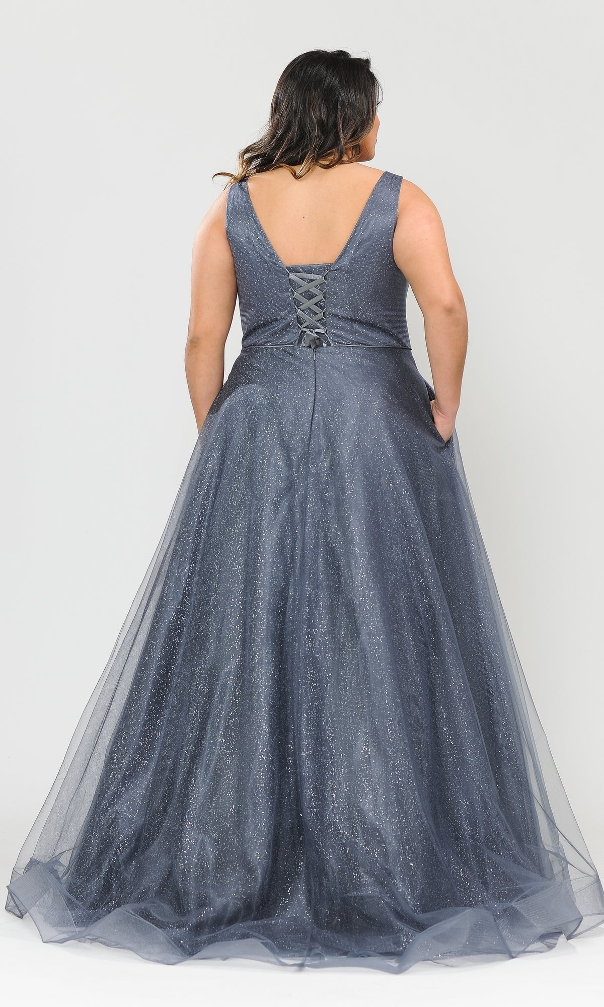 Plus-Size Glitter-Tulle Evening Gown in Stormy - Back View Showing Scoop Back with Corset Lace-Up and Full Glitter-Tulle Floor-Length Skirt