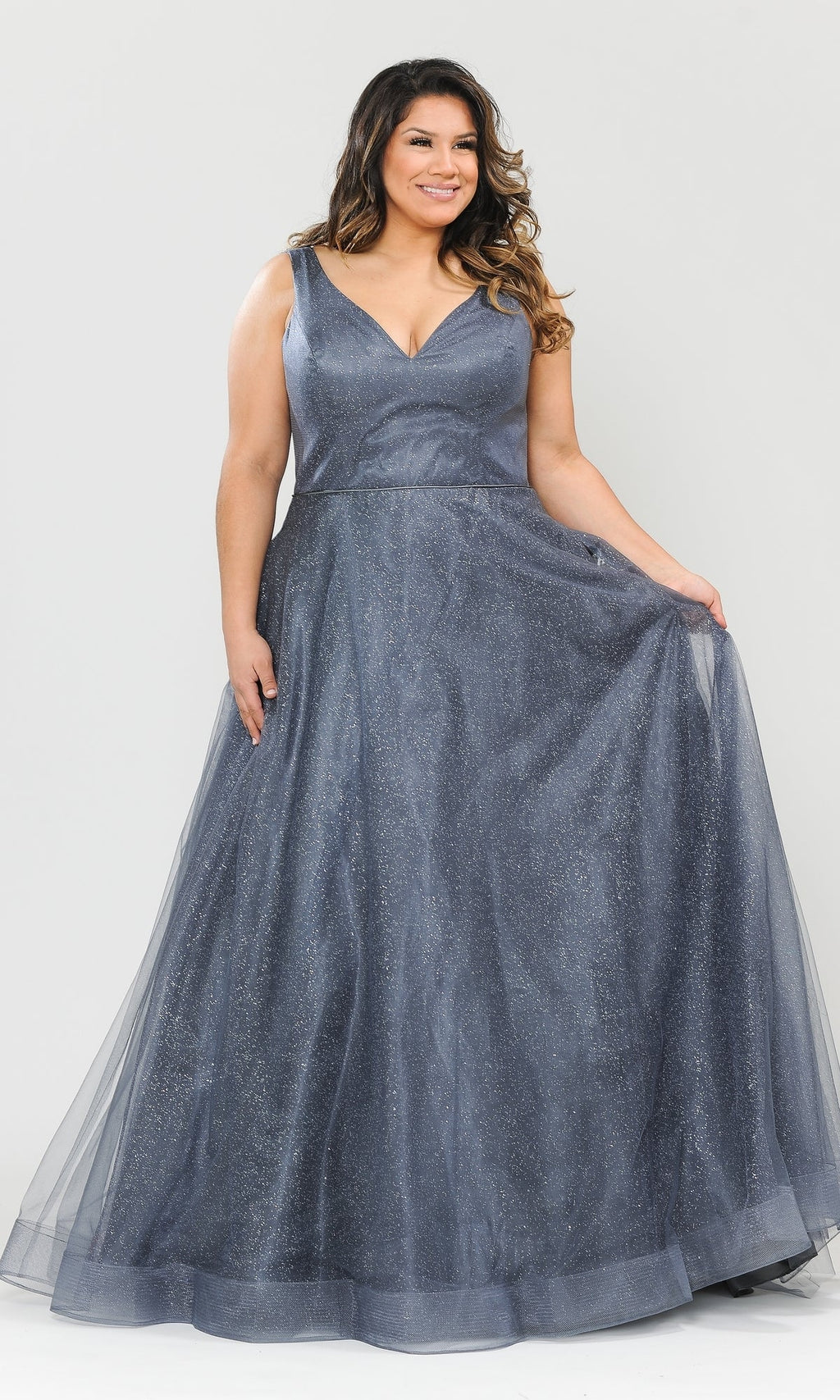 Plus-Size V-Neck Glitter-Tulle Floor-Length A-Line Gown in Stormy - Front Full View Showing V-Neckline, Bra-Friendly Wide Shoulder Straps, and Shimmering Glitter-Tulle A-Line Skirt