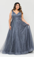 Plus-Size V-Neck Glitter-Tulle Floor-Length A-Line Gown in Stormy - Front Full View Showing V-Neckline, Bra-Friendly Wide Shoulder Straps, and Shimmering Glitter-Tulle A-Line Skirt