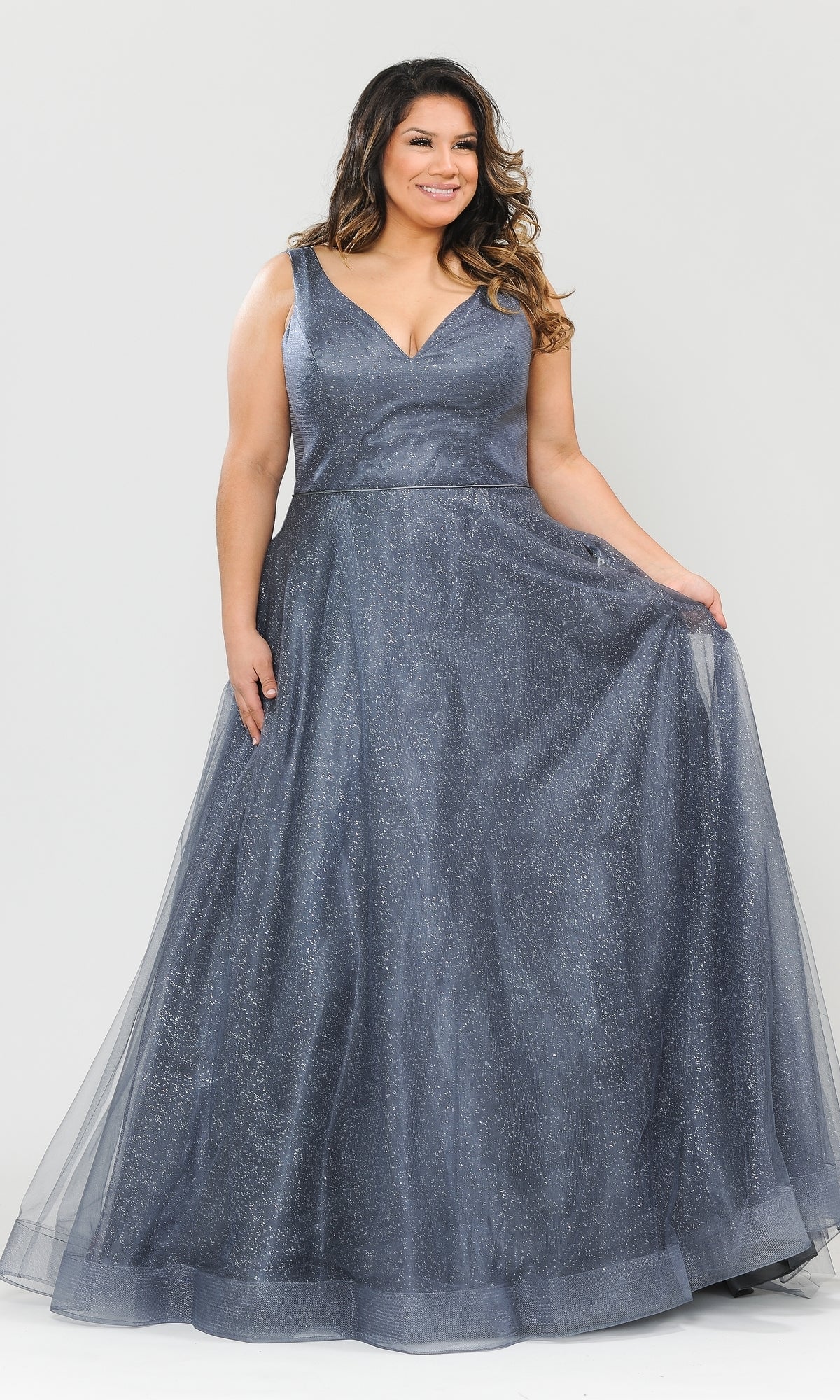 Plus-Size V-Neck Glitter-Tulle Floor-Length A-Line Gown in Stormy - Front Full View Showing V-Neckline, Bra-Friendly Wide Shoulder Straps, and Shimmering Glitter-Tulle A-Line Skirt