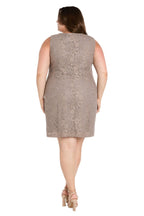 Plus-Size Short Lace Cocktail Dress in Taupe - Back View Showing Sleeveless Lace Sheath Silhouette and Center Back Zipper