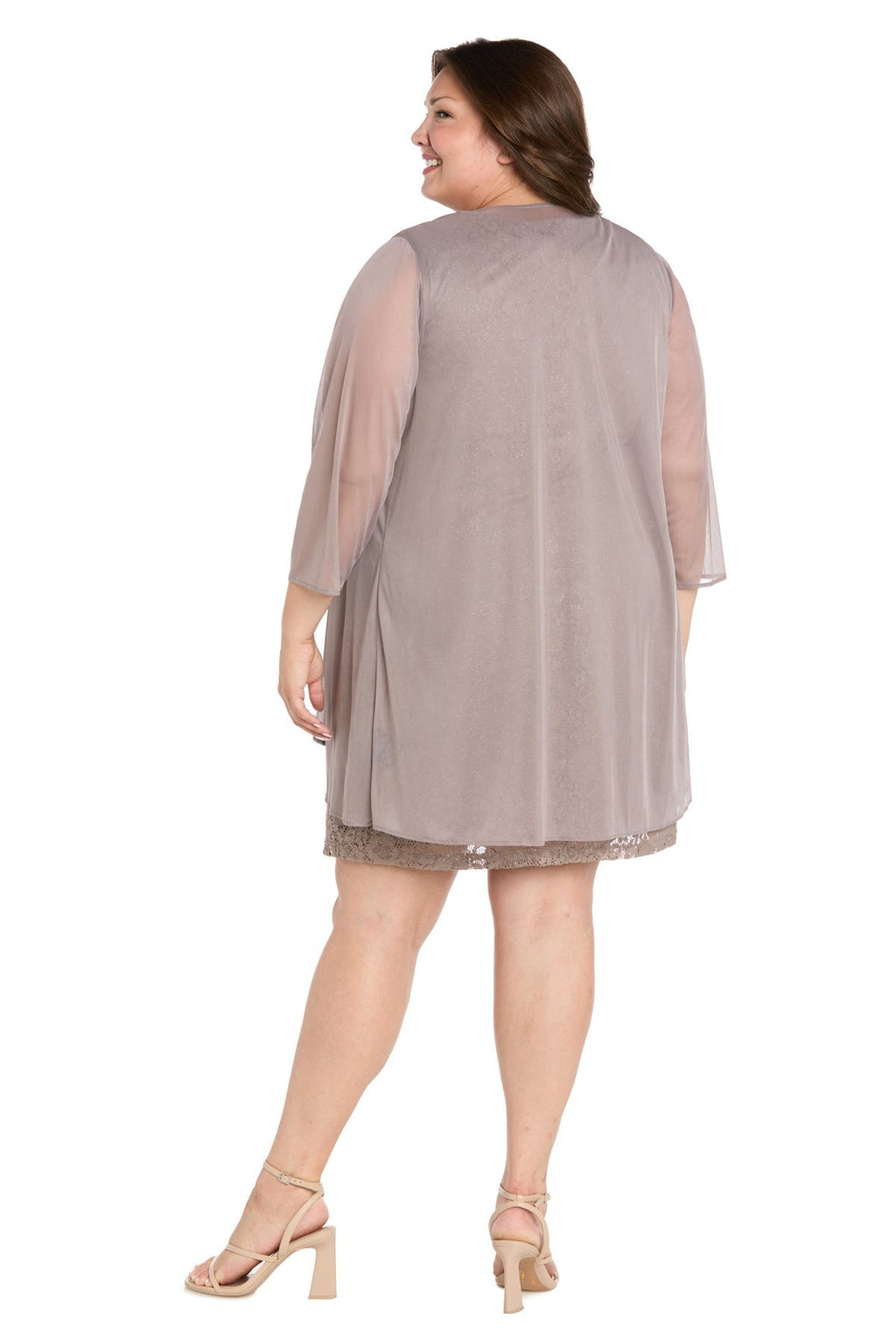 Plus-Size Short Lace Cocktail Dress in Taupe with Matching Sheer Chiffon Jacket - Back View Showing Sheer Three-Quarter Sleeves and Lace Short Dress