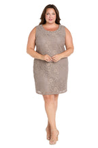 Plus-Size Short Lace Cocktail Dress in Taupe - Front View Showing Sequin Scoop Neckline and Sleeveless Sheath Silhouette Without Jacket