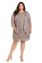 Plus-Size Short Lace Cocktail Dress in Taupe with Matching Sheer Chiffon Three-Quarter Sleeve Jacket - Front Full View Showing Sequin Scoop Neckline and Draped Chiffon Jacket Waterfall