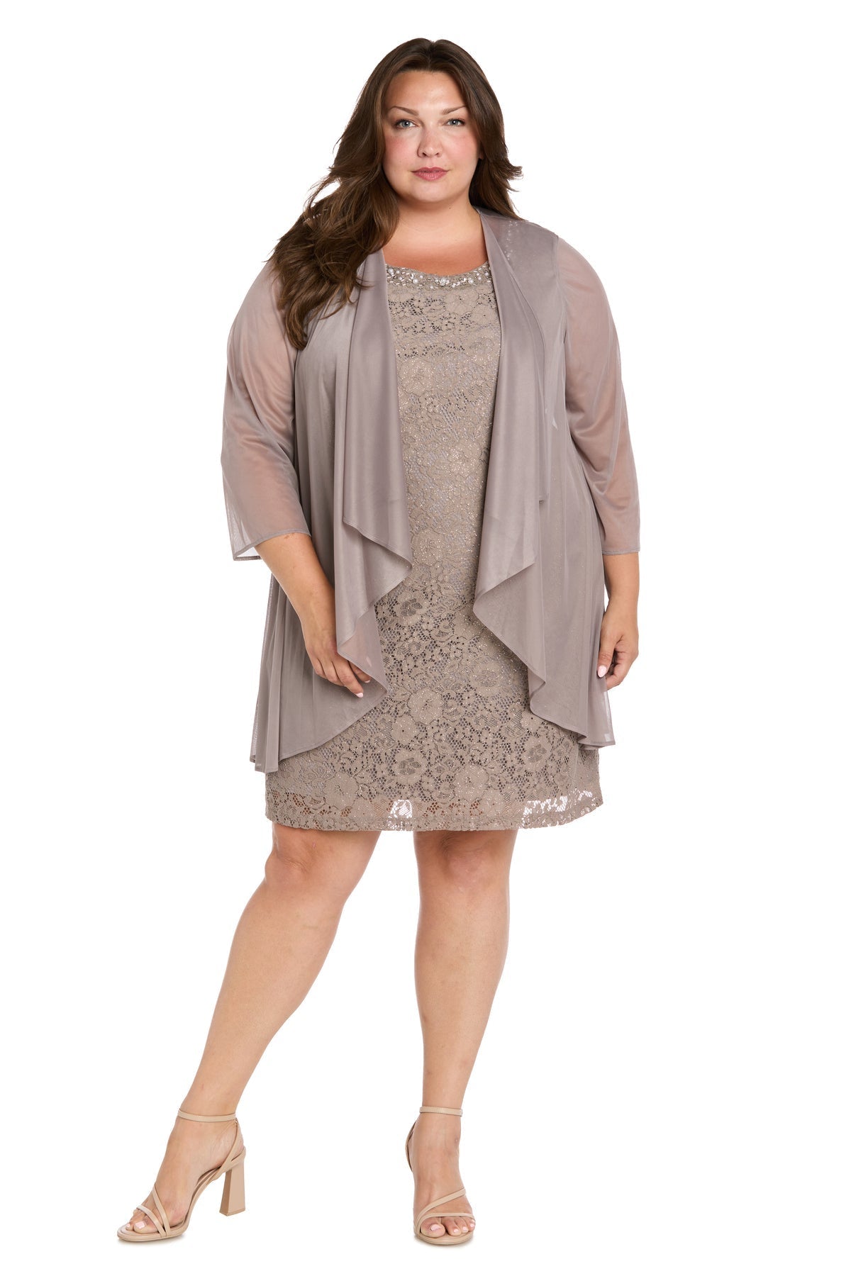 Plus-Size Short Lace Cocktail Dress in Taupe with Matching Sheer Chiffon Three-Quarter Sleeve Jacket - Front Full View Showing Sequin Scoop Neckline and Draped Chiffon Jacket Waterfall
