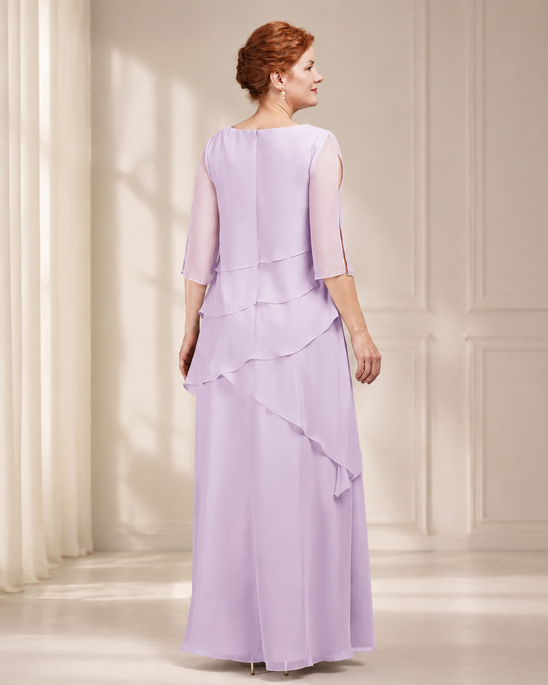 Chiffon Bateau Neckline 3/4 Sleeve Mother of the Bride Dress in Lilac - Back View Showing Cascading Ruffles, Center-Back Zipper, and Sheer Sleeves with Slit