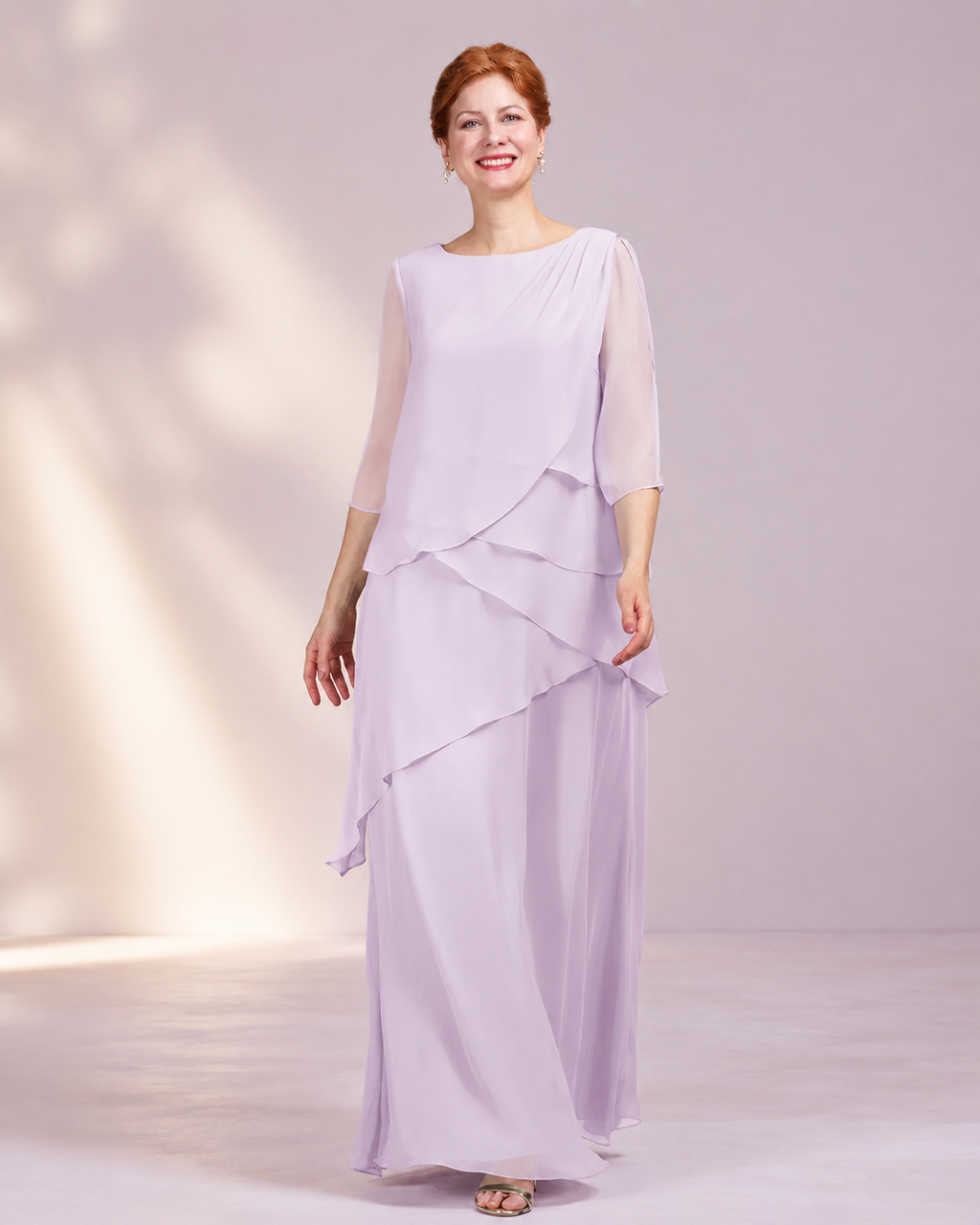 Chiffon Bateau Neckline 3/4 Sleeve Cascading Ruffle Mother of the Bride Dress in Lilac - Front Full View Showing Elegant Sleeves and Tiered Ruffles