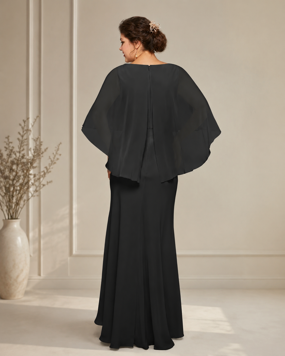 Chiffon Bateau Neckline Dolman Cape Sleeve Mother of the Bride Dress in Black - Back View Showing Cape Sleeves, Center-Back Zipper, and A-Line Sweep
