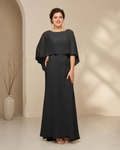 Chiffon Bateau Neckline Dolman Cape Sleeve A-Line Mother of the Bride Dress in Black - Front Full View Showing Elegant Cape Sleeves and A-Line Sweep