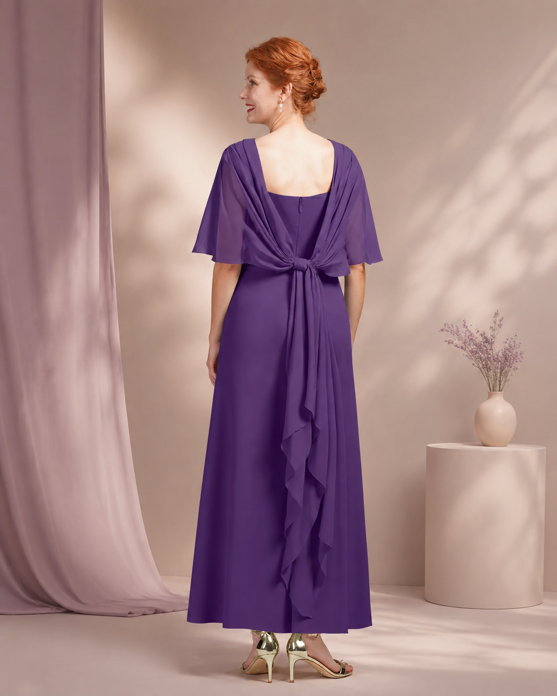 Chiffon Bateau Neckline Mother of the Bride Dress in Grape - Back View Showing Signature Chiffon Bow-Tie with Cascading Ruffle and Center-Back Zipper