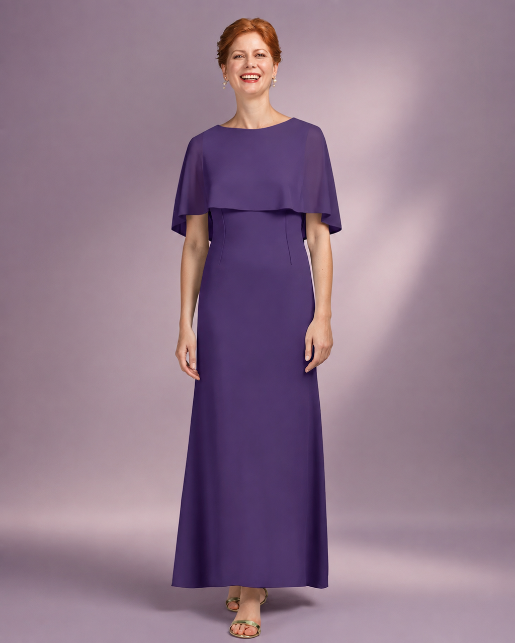Chiffon Bateau Neckline Flutter Sleeve Bow-Tie Cape A-Line Mother of the Bride Dress in Grape - Front Full View Showing Cape Sleeves and A-Line Silhouette