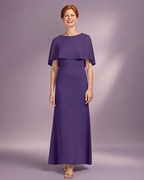 Chiffon Bateau Neckline Flutter Sleeve Bow-Tie Cape A-Line Mother of the Bride Dress in Grape - Front Full View Showing Cape Sleeves and A-Line Silhouette