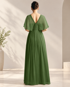 Chiffon Round Neck Keyhole Pleated Mother of the Bride Gown in Sage Green - Back View Showing V-Back, Shirred Waist, and A-Line Pleated Skirt