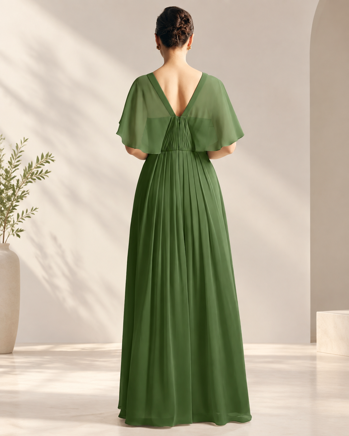 Chiffon Round Neck Keyhole Pleated Mother of the Bride Gown in Sage Green - Back View Showing V-Back, Shirred Waist, and A-Line Pleated Skirt