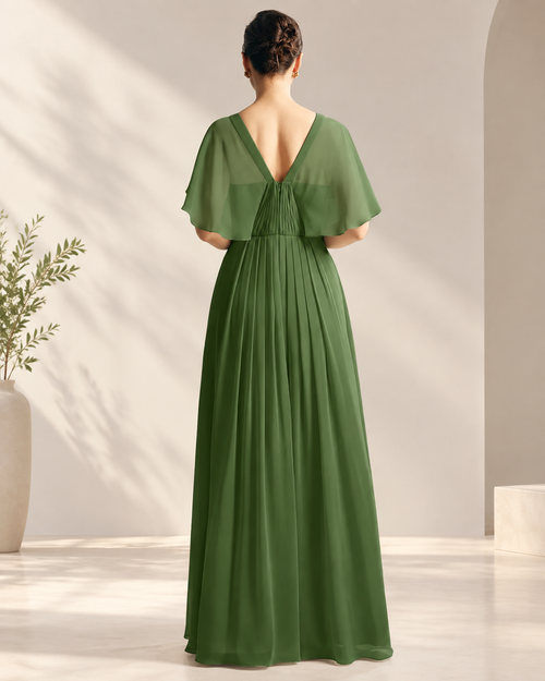 Chiffon Round Neck Keyhole Pleated Mother of the Bride Gown in Sage Green - Back View Showing V-Back, Shirred Waist, and A-Line Pleated Skirt