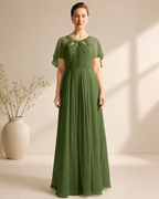 Chiffon Round Neck Keyhole Flutter Sleeve Pleated A-Line Mother of the Bride Gown in Sage Green - Front Full View Showing Pleated Bodice and Flutter Sleeve