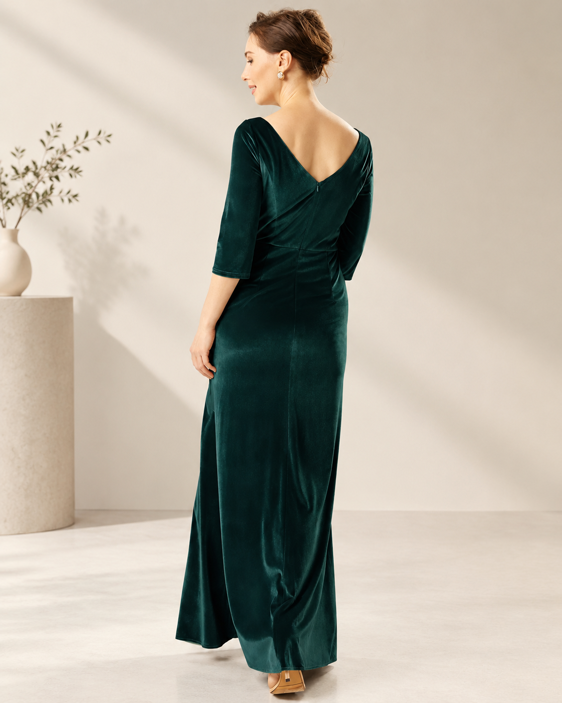 Velvet Bateau Neckline 3/4 Sleeve Mermaid Mother of the Bride Dress in Hunter Green - Back View Showing V-Back, Center-Back Zipper, and Mermaid Sweep