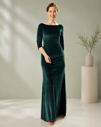 Velvet Bateau Neckline 3/4 Sleeve Mermaid Mother of the Bride Dress in Hunter Green - Front Full View Showing Princess Seams and Mermaid Sweep
