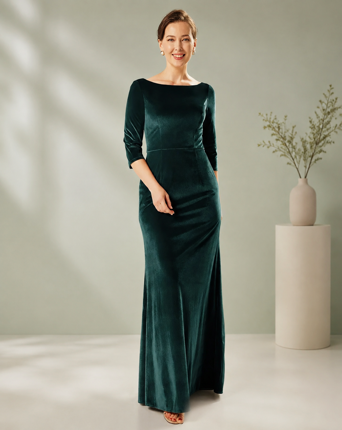 Velvet Bateau Neckline 3/4 Sleeve Mermaid Mother of the Bride Dress in Hunter Green - Front Full View Showing Princess Seams and Mermaid Sweep