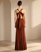 XU00107 Velvet Halter Neck Back Open Sash