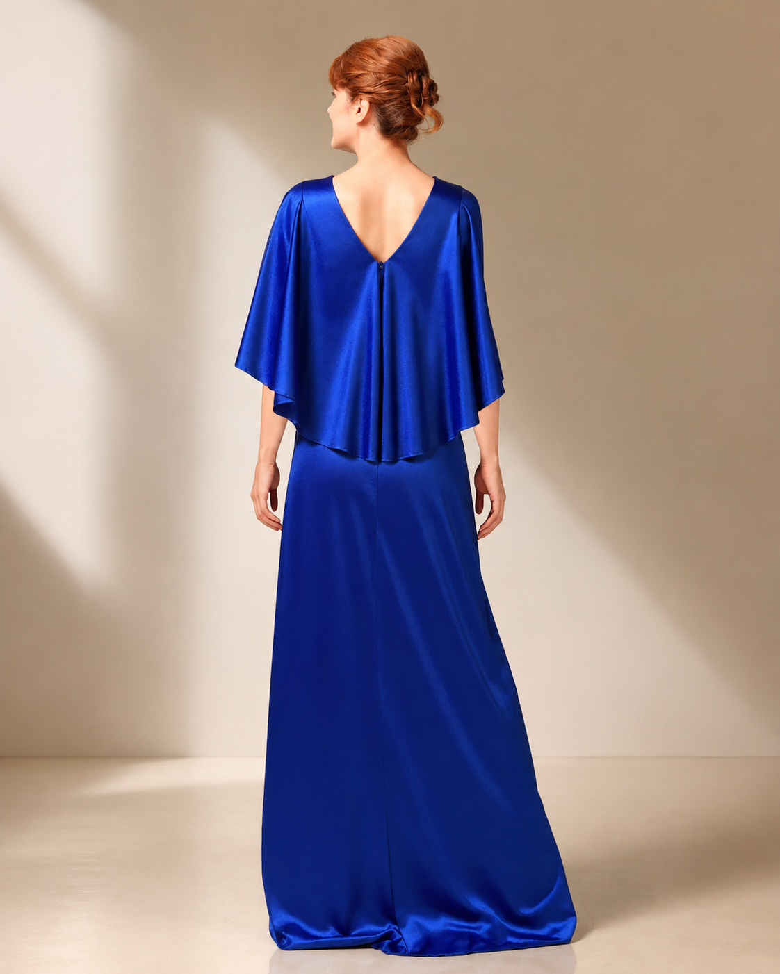 XU00108 Satin V-Neck Flutter Sleeve Brooch A-Line Long Back