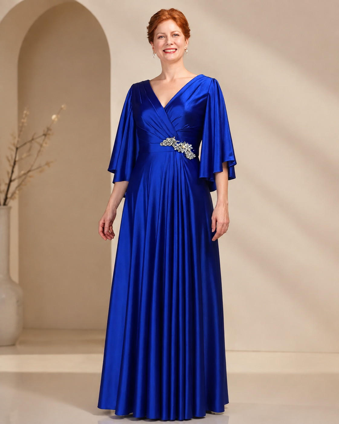 XU00108 Satin V-Neck Flutter Sleeve Brooch A-Line Long Front
