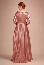 XU00109 Satin V-Neck Long Sleeve Banded Waist A-Line High-Low Back