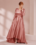 XU00109 Satin V-Neck Long Sleeve Banded Waist A-Line High-Low Front