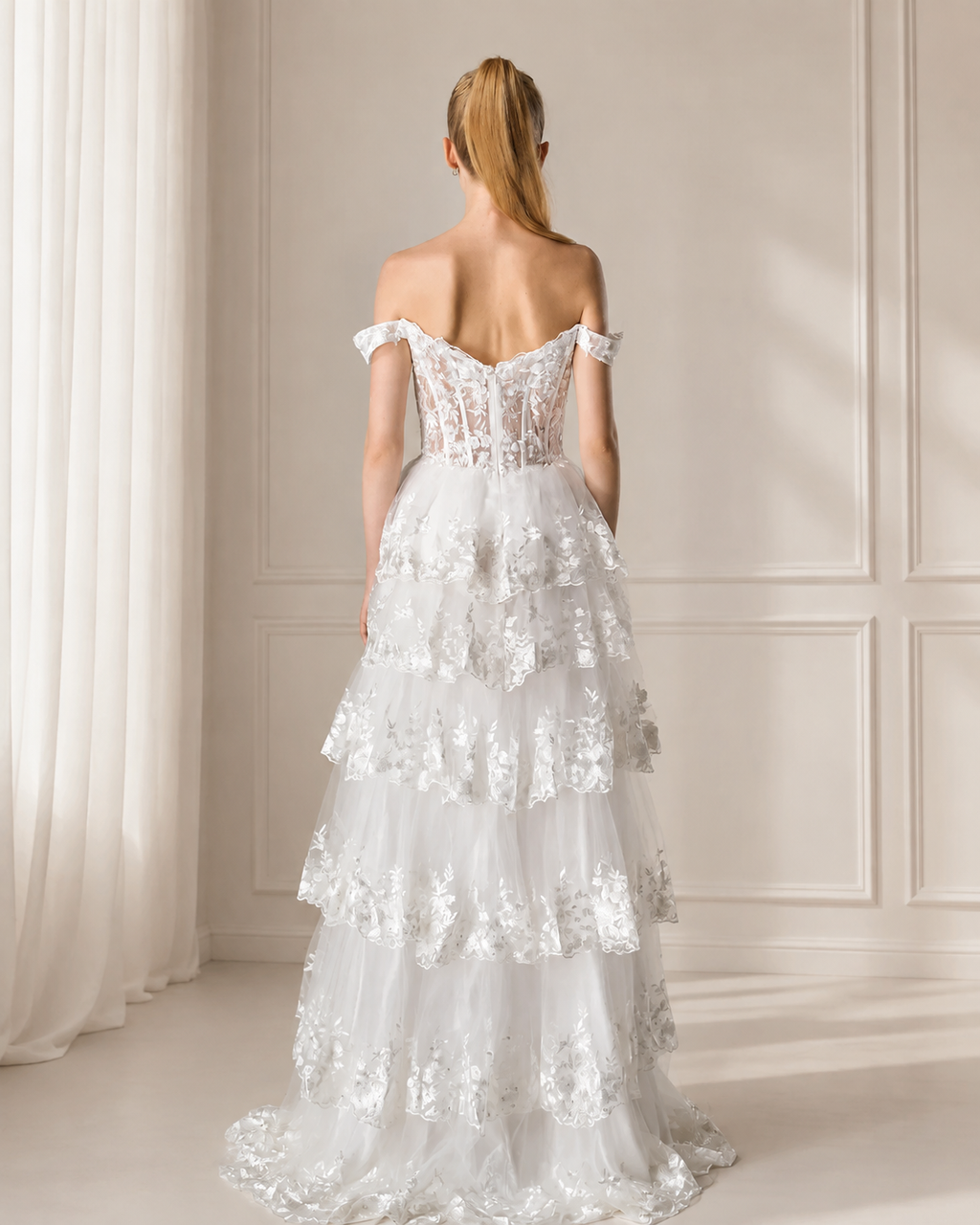 XU00110 Off-Shoulder Corset Bodice Lace Appliqué Tiered A-Line Back