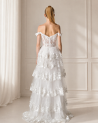 XU00110 Off-Shoulder Corset Bodice Lace Appliqué Tiered A-Line Back