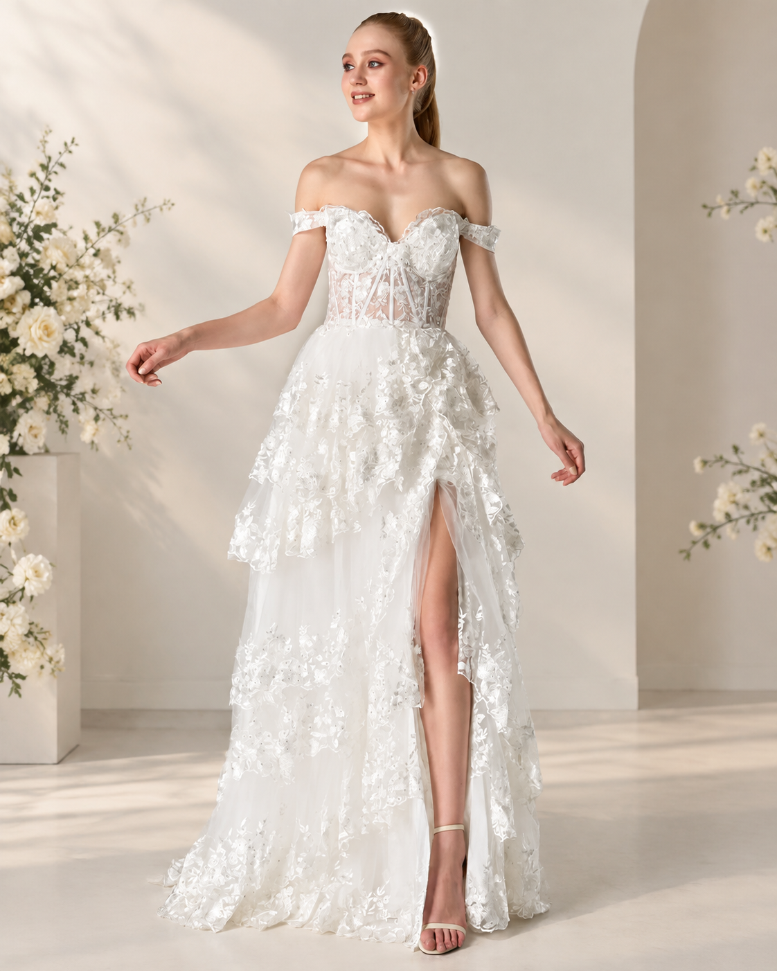 XU00110 Off-Shoulder Corset Bodice Lace Appliqué Tiered A-Line Front