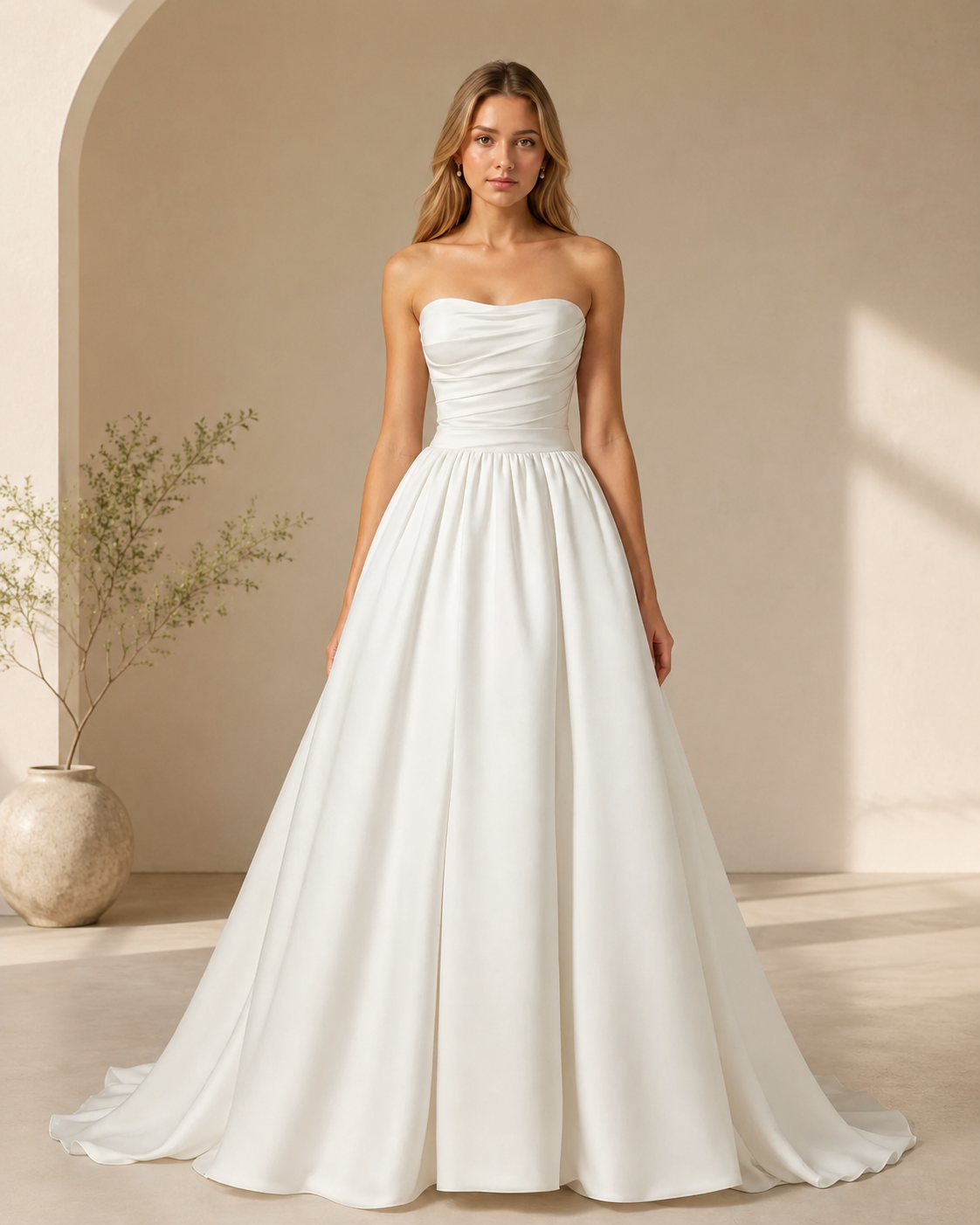 XU00111 Strapless Ruched Bodice Basque Waist Ball Gown Front