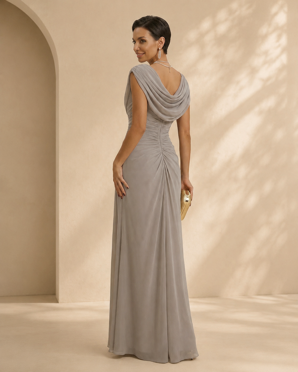 XU00113 Chiffon Cowl Neck Cap Sleeve Side Ruched Sheath Back - Dusty Sage