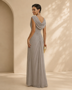 XU00113 Chiffon Cowl Neck Cap Sleeve Side Ruched Sheath Back - Dusty Sage