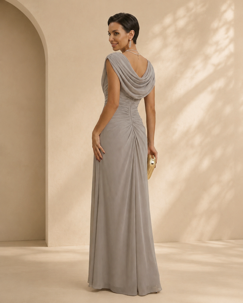 XU00113 Chiffon Cowl Neck Cap Sleeve Side Ruched Sheath Back - Dusty Sage