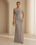 XU00113 Chiffon Cowl Neck Cap Sleeve Side Ruched Sheath Front - Dusty Sage