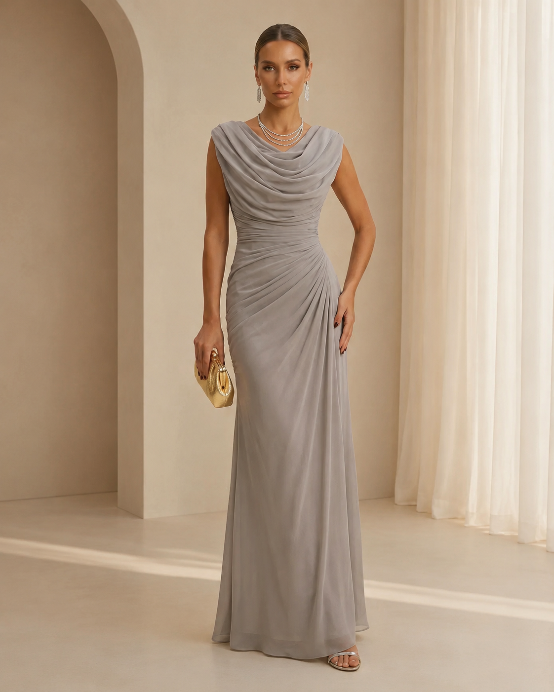 XU00113 Chiffon Cowl Neck Cap Sleeve Side Ruched Sheath Front - Dusty Sage