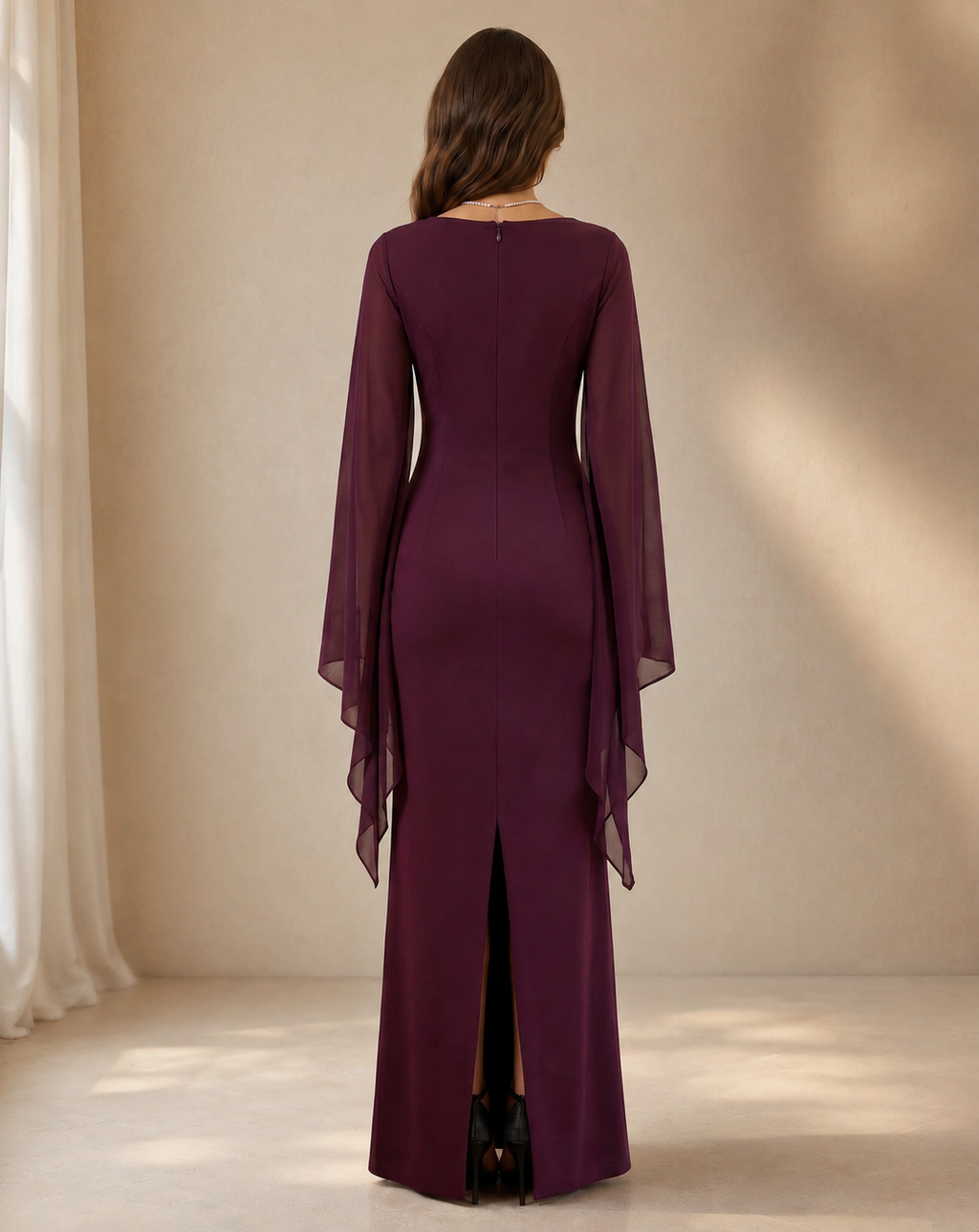 XU00114 Chiffon Bateau Neck Butterfly Sleeve Side Ruched Sheath Back - Cabernet
