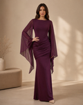 XU00114 Chiffon Bateau Neck Butterfly Sleeve Side Ruched Sheath Front - Cabernet